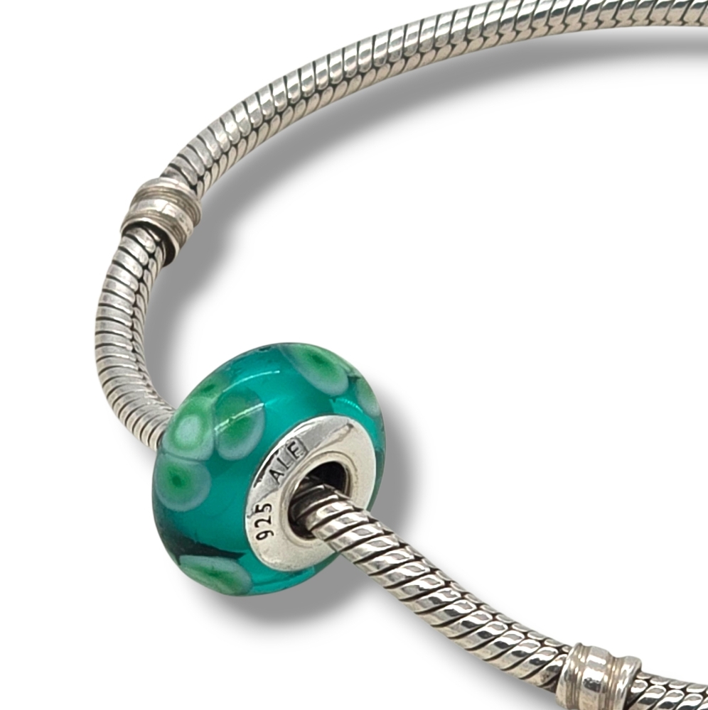 PANDORA Flowers For You Turquoise Green Murano Glass Bead Charm Retired - Picture 11 of 16